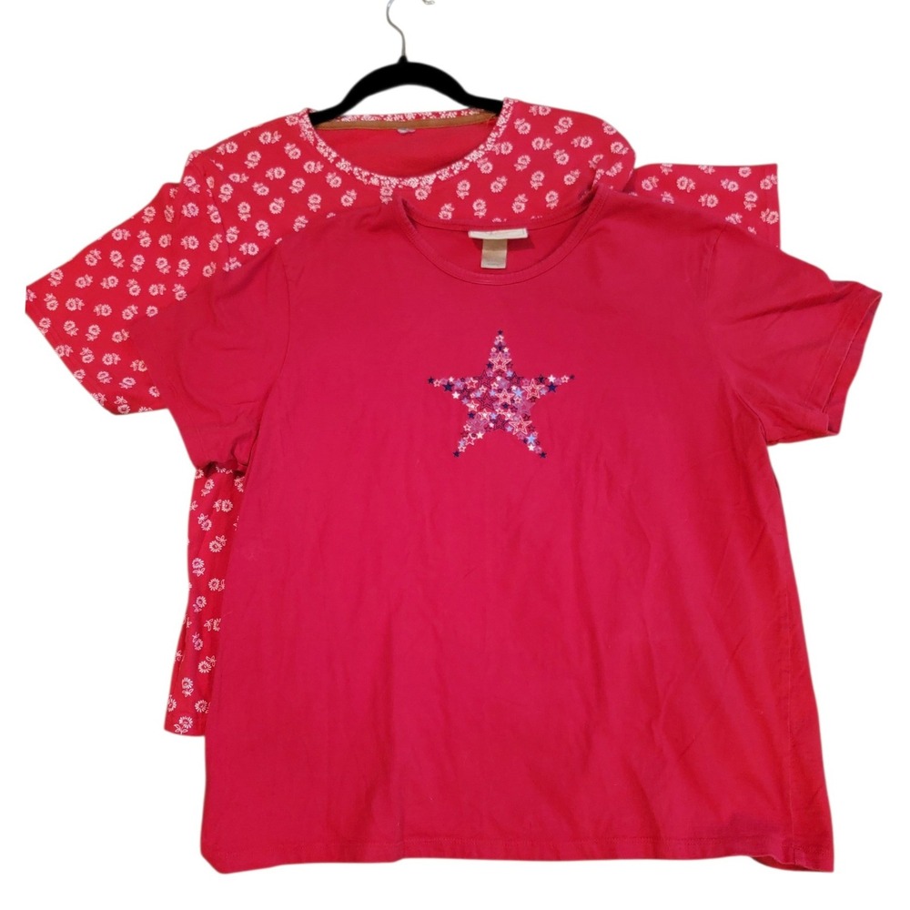 Red Womens lot of 2 Tops‎ Floral Print Star Sequin Short Sleeve T-Shirts Size XL